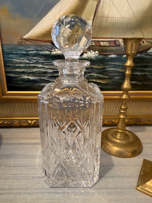 Vintage Crystal Decanter with Silver Plate Scotch Hang Tag