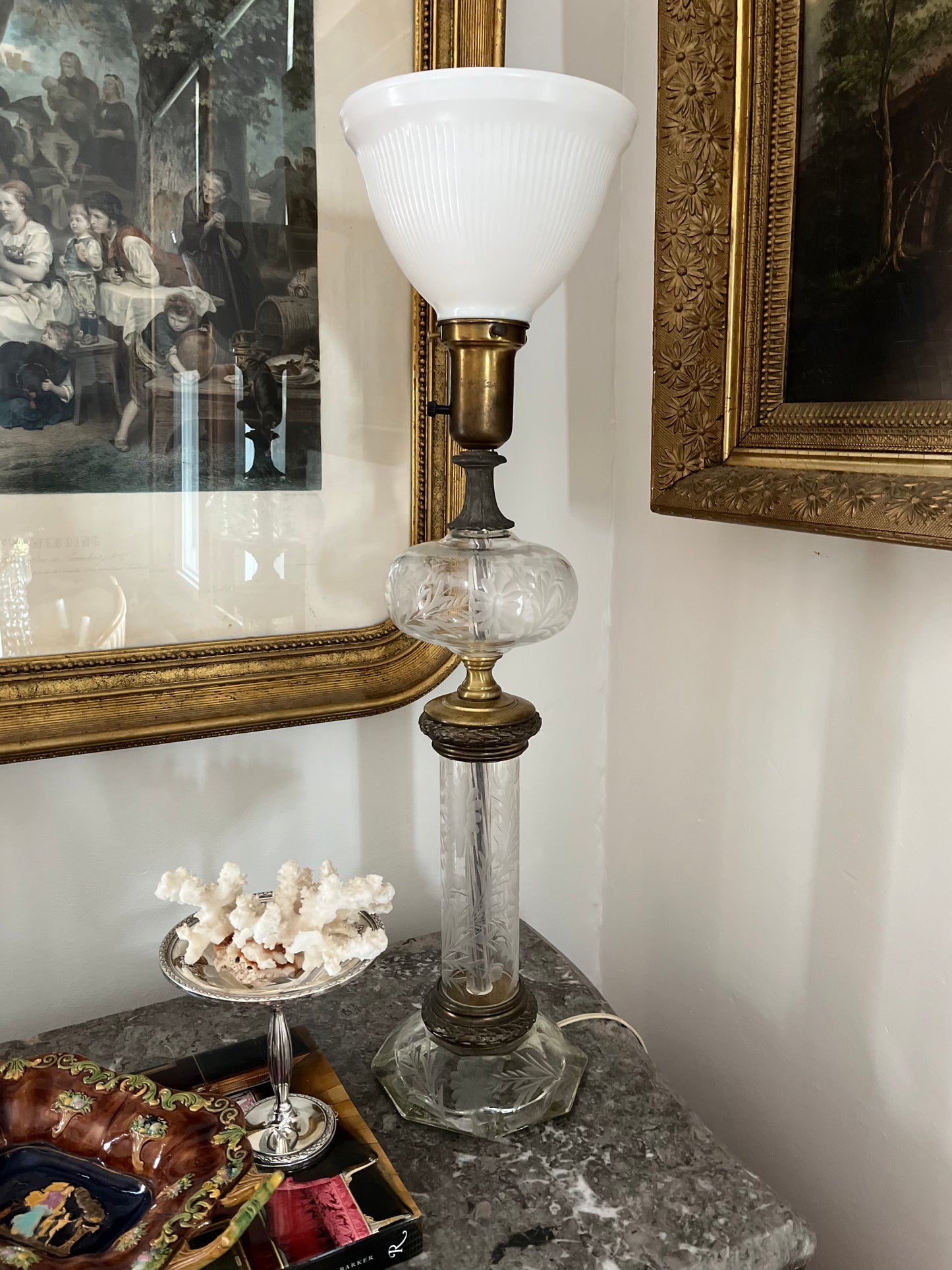 RESERVED - ELLA_HEKIM - Live 08/18 Antique Etched Crystal & Brass Torchiere Table Lamp with Milk Glass Shade 1910-1920’s