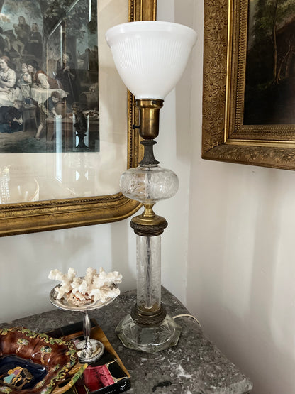 RESERVED - ELLA_HEKIM - Live 08/18 Antique Etched Crystal & Brass Torchiere Table Lamp with Milk Glass Shade 1910-1920’s