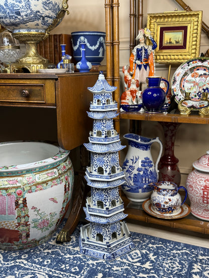 Danny's Fine Porcelain: 30" Tall Blue & White Porcelain Pagoda Tower, 6-Tier Hand-Painted