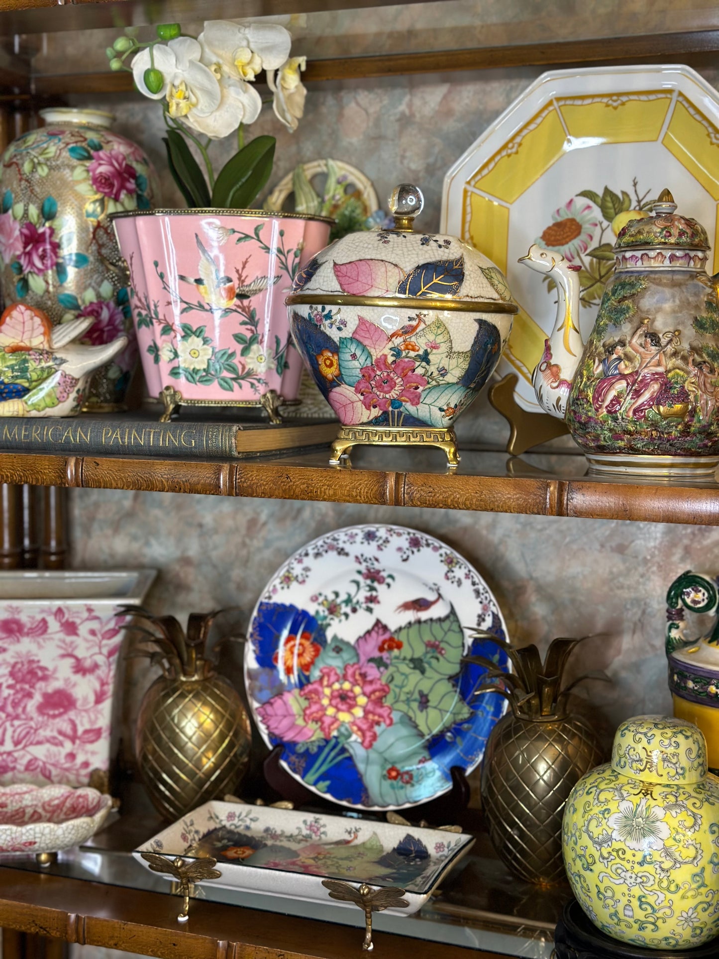 Danny's Fine Porcelain: Pink Floral Footed Basin/ Planter: Birds, Hand Painted, 9x6x7”