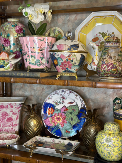 Danny's Fine Porcelain: Pink Floral Footed Basin/ Planter: Birds, Hand Painted, 9x6x7”