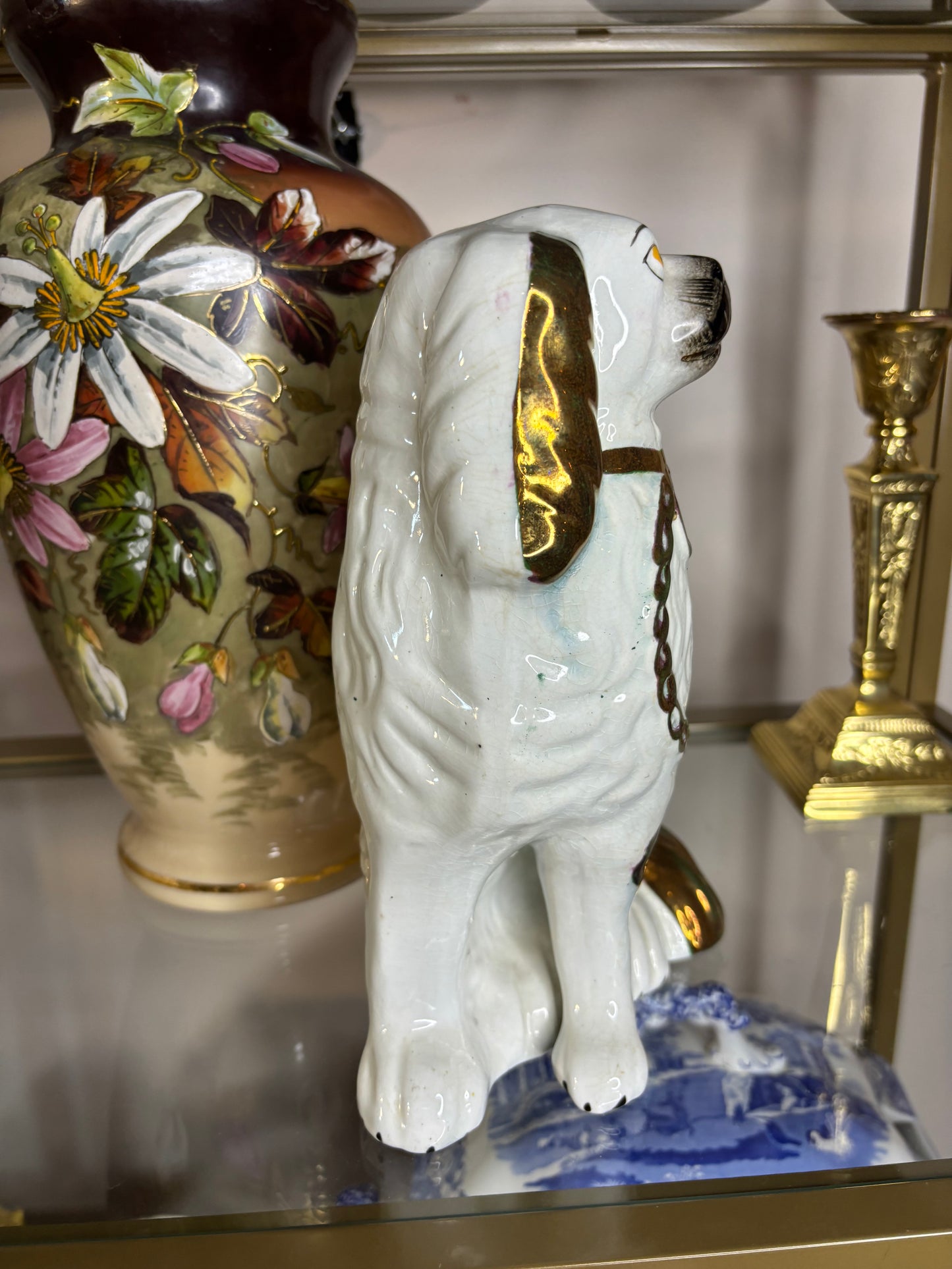 Stunning antique Staffordshire spaniel mantel dogs with lustre decoration pair!