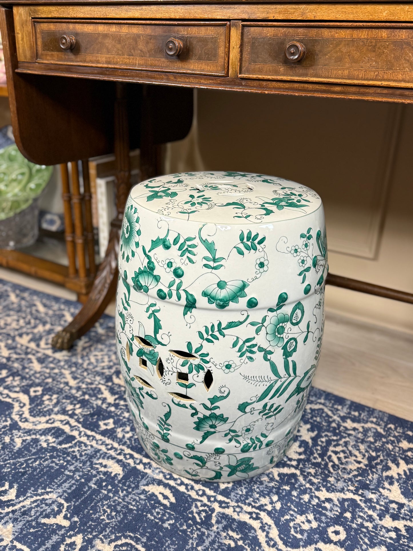 Chinoiserie 18” Green & White Porcelain Garden Stool – Pierced Drum Form with Floral Scrollwork