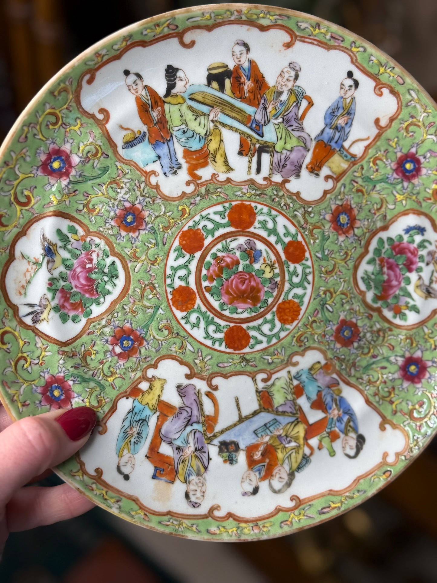 Antique Famille Jaune Canton Plate, 8.5” Porcelain, Circa 1850–1880