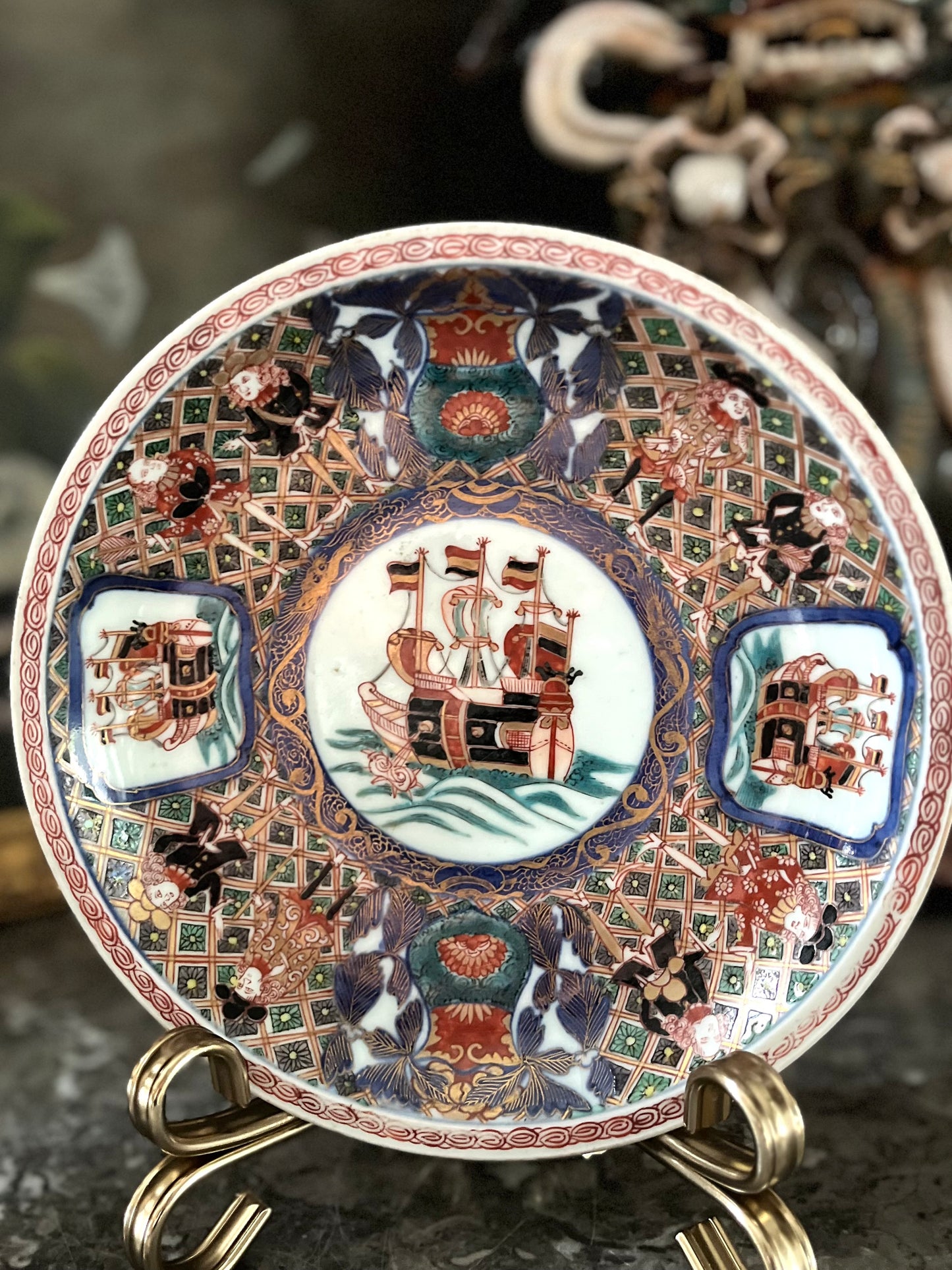 RESERVED - KCDINKS - Live 7/7 Antique Japanese Imari Black Sails Cabinet Plate | Meiji Period Porcelain