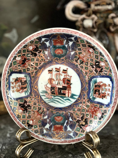RESERVED - KCDINKS - Live 7/7 Antique Japanese Imari Black Sails Cabinet Plate | Meiji Period Porcelain
