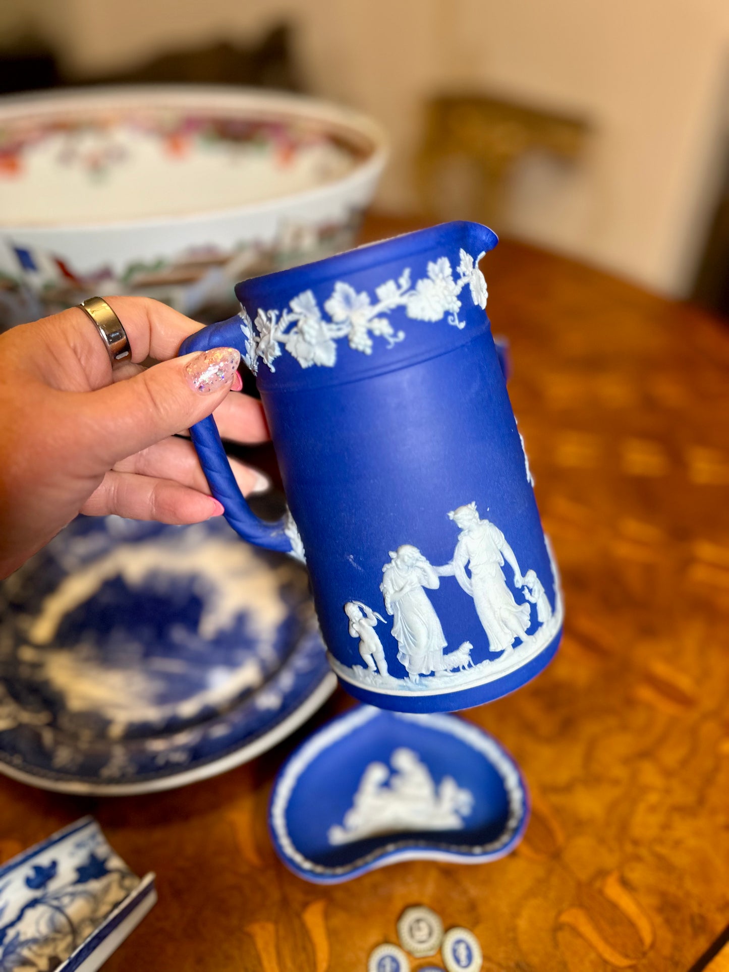 19th Century Antique Wedgwood Cobalt Blue Jasper Dip Pitcher – Classical Figures & Cherubs, c. 1868