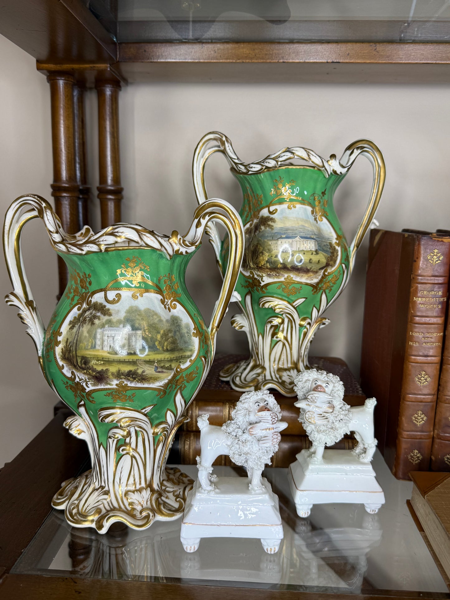 Antique Pair of H.R. Daniel Green Scenic Vases with Castles & Floral Decoration | Circa 1840 | 8.5"H x 6.5"W x 4" Base | Style DA4447