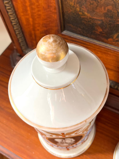 Pair of Antique French Porcelain Apothecary Jars with Portrait Medallions