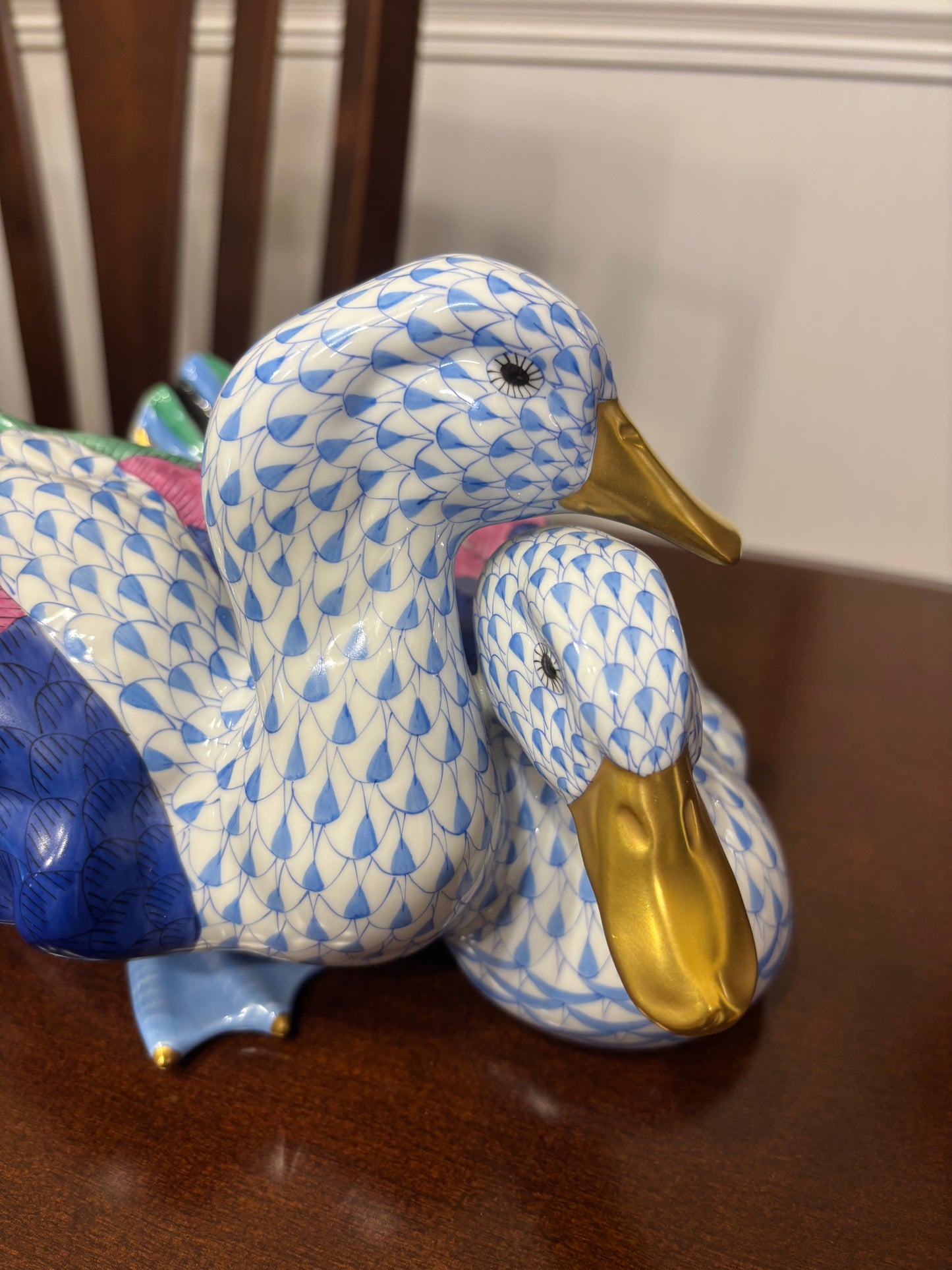 Stunning Herend Loving Ducks in blue and white fishnet with gold and vibrant colors!