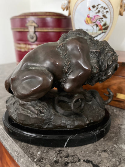 French Animalier Bronze Lion Sculpture “Lion au Serpent” (Barye Recast) on Marble Plinth — Early 20th Century