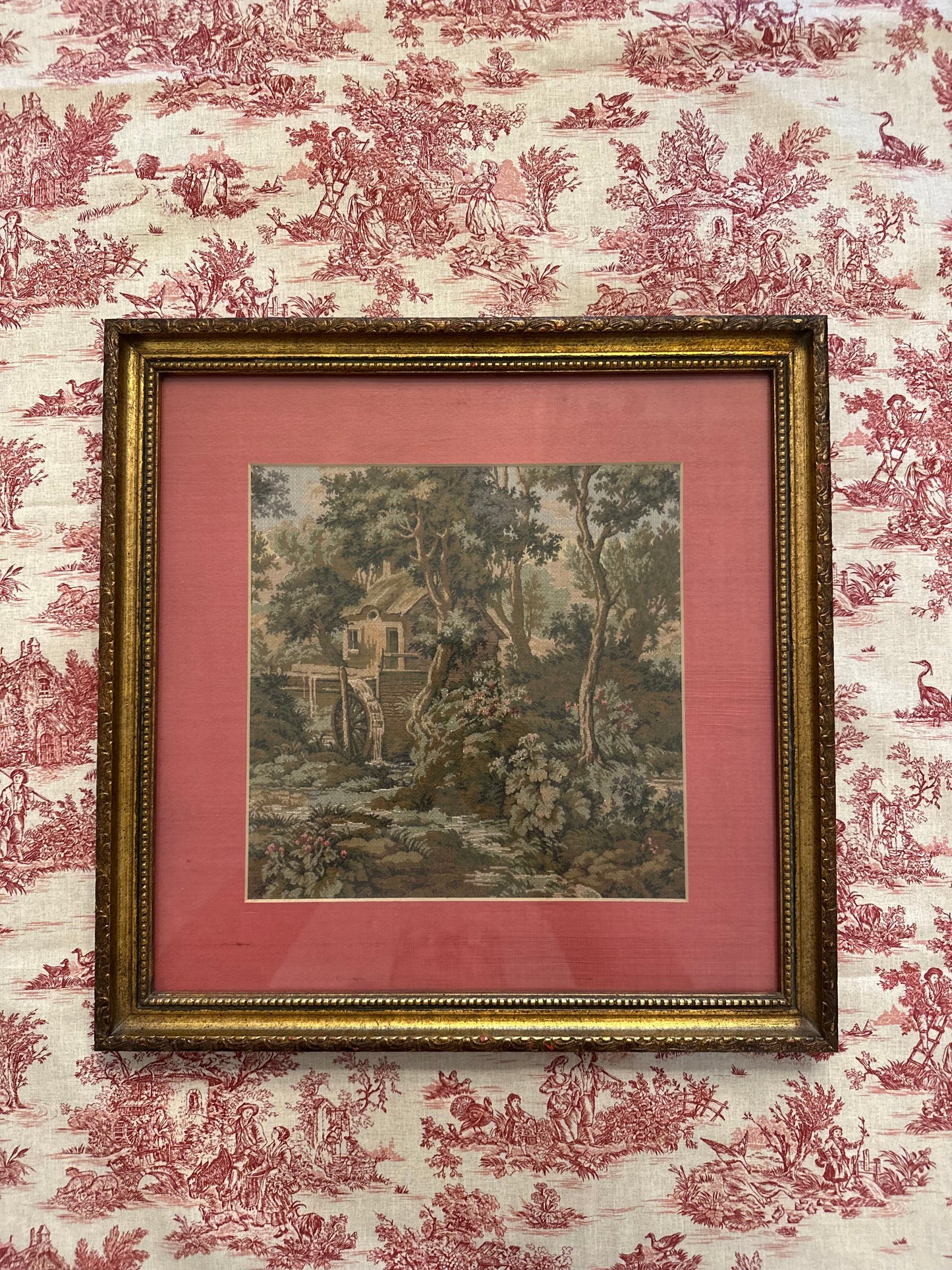 Antique European Hand-Stitched Needlepoint Landscape in Gilt Frame, c. 1890–1920