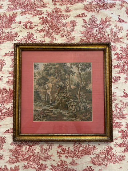 Antique European Hand-Stitched Needlepoint Landscape in Gilt Frame, c. 1890–1920