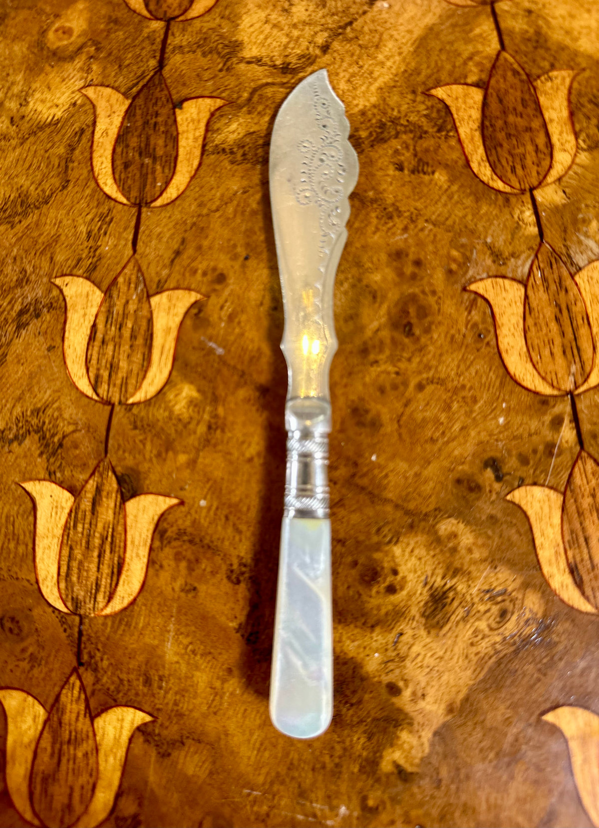 Antique Victorian Edwardian Silver-Plated Butter & Pâté Knife | Engraved Blade & Mother-of-Pearl Handle | c. 1890–1910