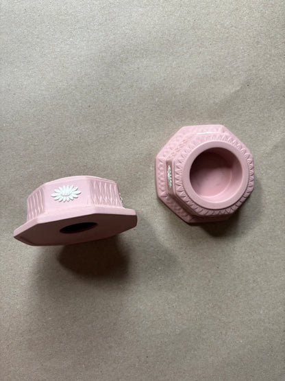 Cream pink with Daisy pair of candle holders￼Wedgwood