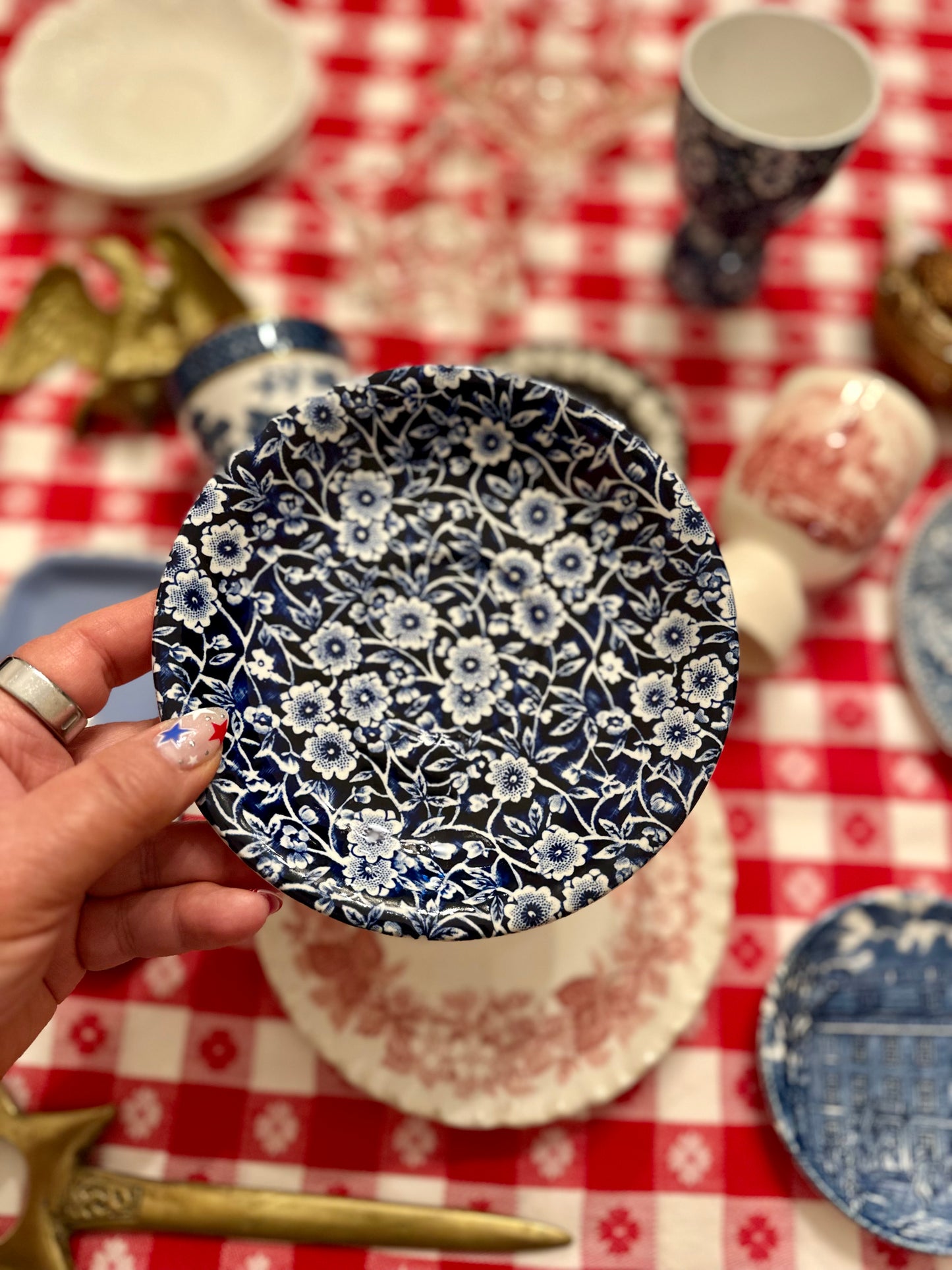 Burleigh Blue Calico Egg Cup & Saucer