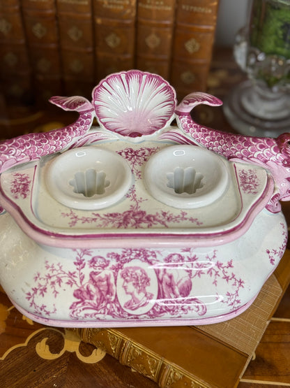 Antique French Pink Transferware Gien Faience Double Inkwell Stand with Dolphin Handles & Shell Pen Tray, c. 1875–1900, 8”W x 4”D x 5”H