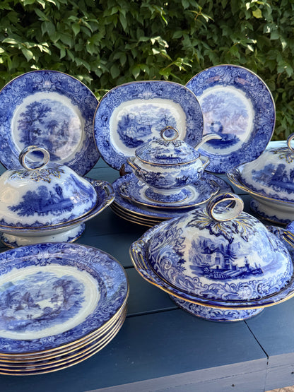 Antique c.1891–1902 Royal Doulton Geneva Blue Transferware Dinner Service | 23-Piece English Set