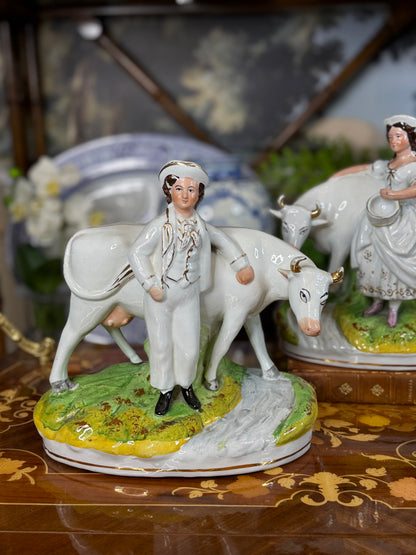 Antique Staffordshire Cow & Milkmaid Flatback Figures | Right & Left Pair | Victorian England | c.1860