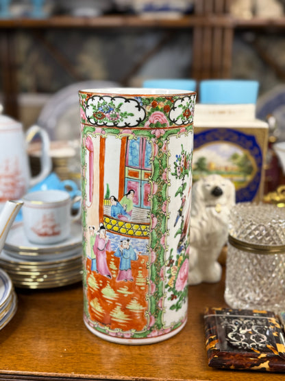 Antique 1920’s Chinese Rose Medallion Famille Rose Cylindrical Vase / Brush Pot | 9.75” Tall