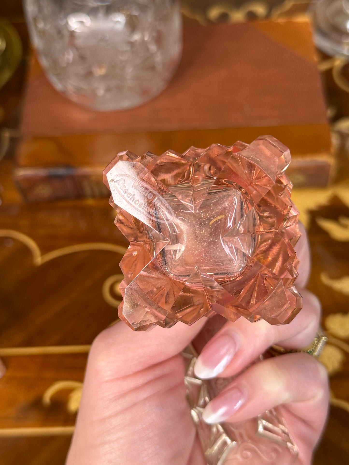 Antique Czechoslovakian Pink Cut Crystal Perfume Bottle with Etched Floral Stopper | 6.5” Tall