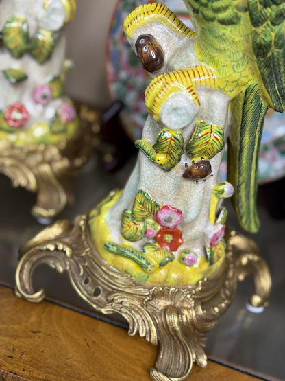 Danny's Fine Porcelain - 14.5” Tall Porcelain Parrot Candlestick Pair with Ormolu Mounts, Chinoiserie Rococo Style