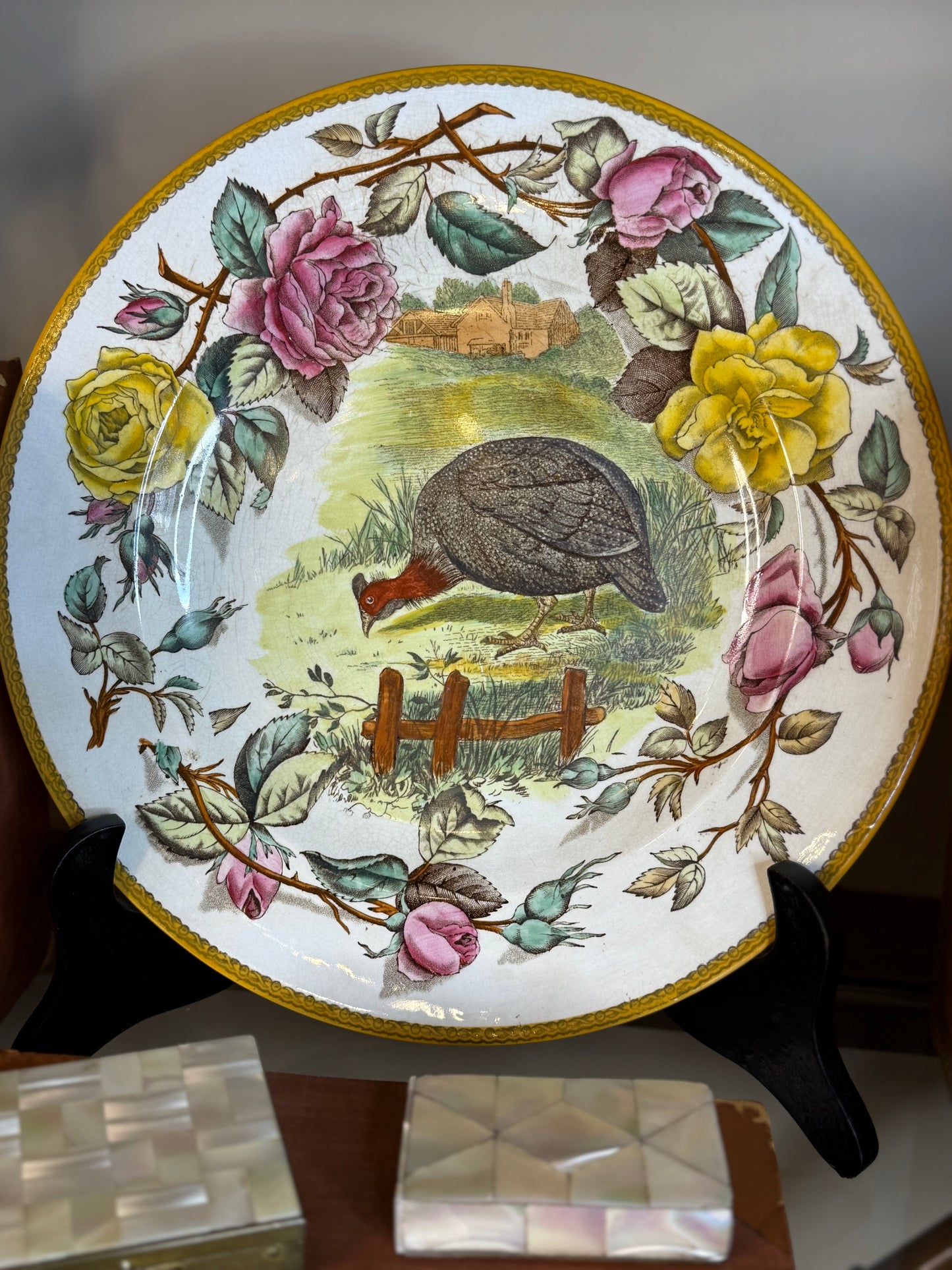 Antique 10”D Wedgwood Tea Rose Plate W/ Game Turkey Scene | Etruria England