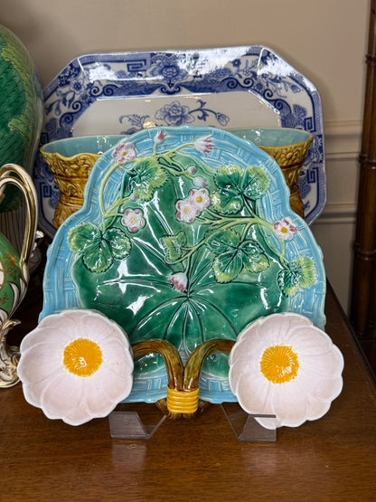 Antique George Jones Majolica Strawberry Server | Victorian Double Daisy Compote | English Pottery c.1880
