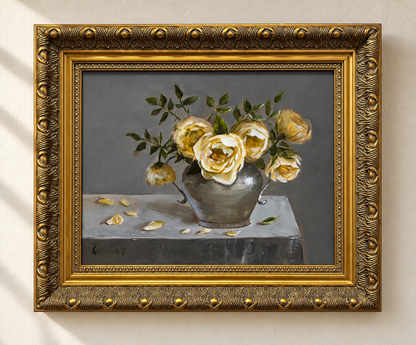 Yellow Roses in a Silver Vase Original Oil Painting with Ornate Gold Frame