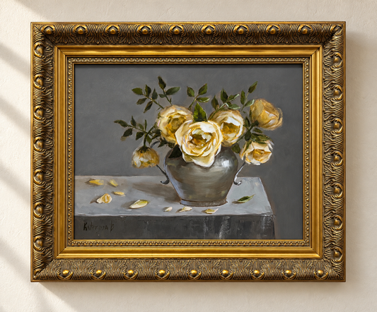 Yellow Roses in a Silver Vase Original Oil Painting with Ornate Gold Frame