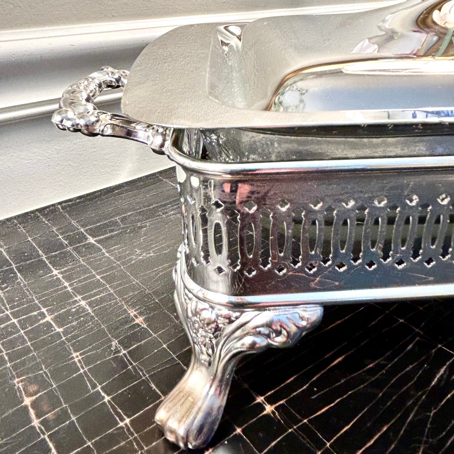Vintage silver plate chippendale baroque casserole server with glass insert and lid