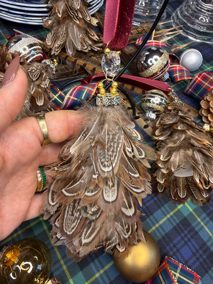 Handmade Pheasant Feather Mini-Christmas Tree Ornament W/ Vintage Crystal & Red Velour Ribbon