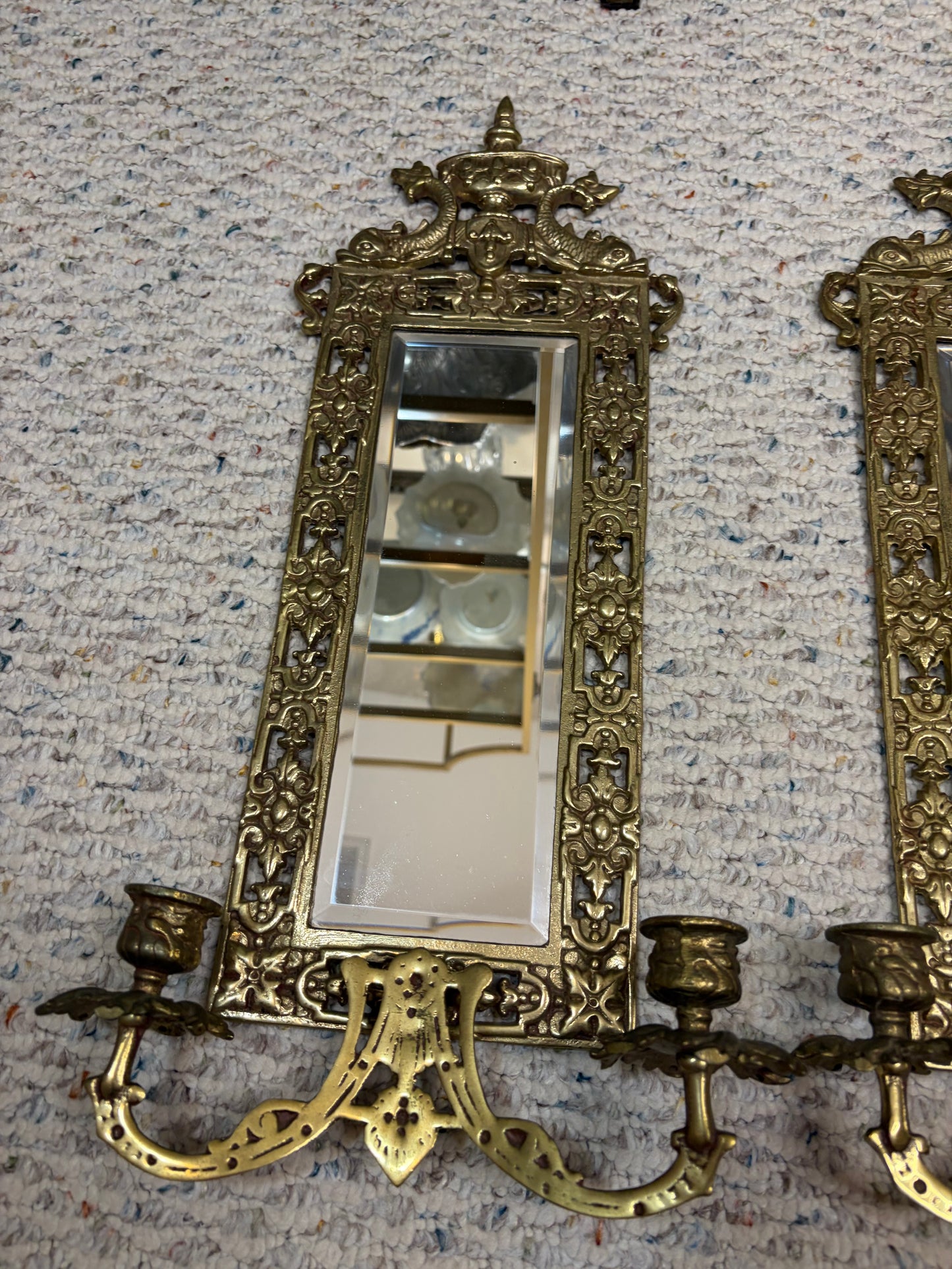 Stunning brass koi mirrored wall sconces pair!