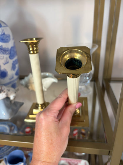 Beautiful brass and ceramic column style candleholders pair!