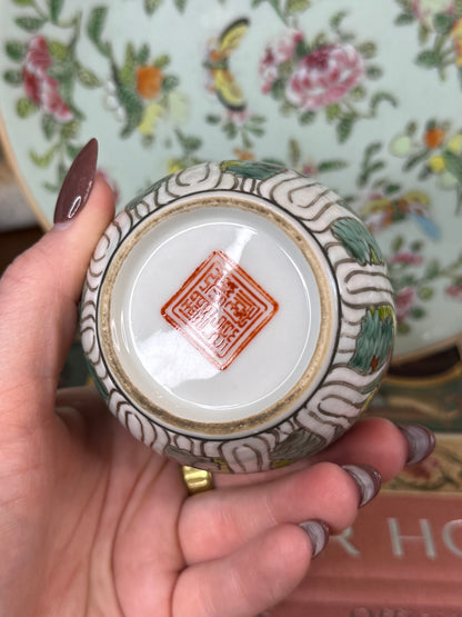 Vintage Chinese Bok Choy Porcelain Lidded Jar | Famille Verte Style | 3”