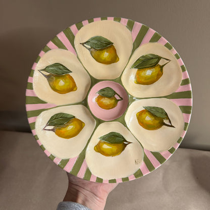 Lemon pink and green stripes oyster plate hand painted