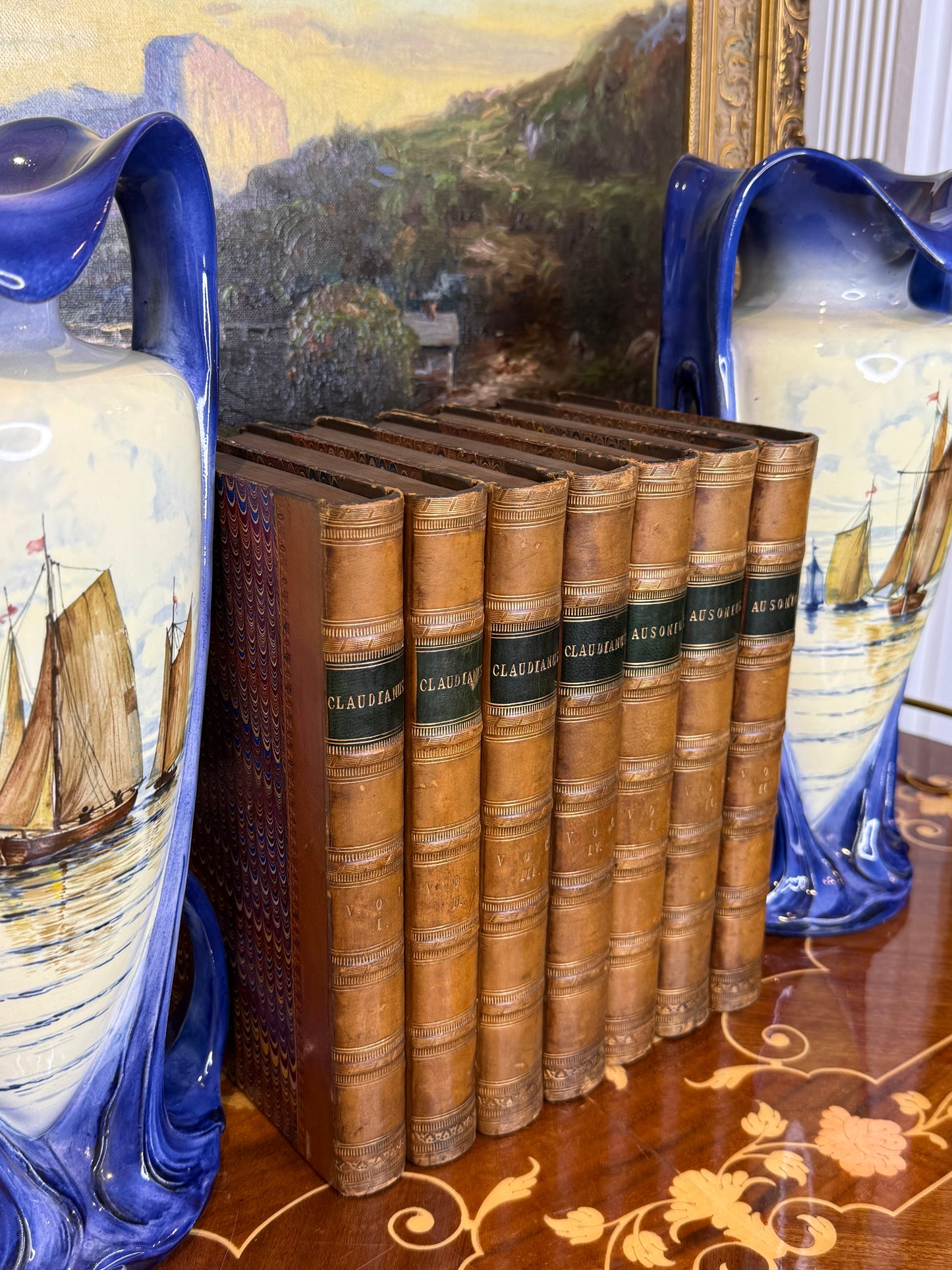 Antique Early 19th Century Latin Classical Library Book Collection, Set of 7 | Full Leather & Marbled Bindings | 1821–1823
