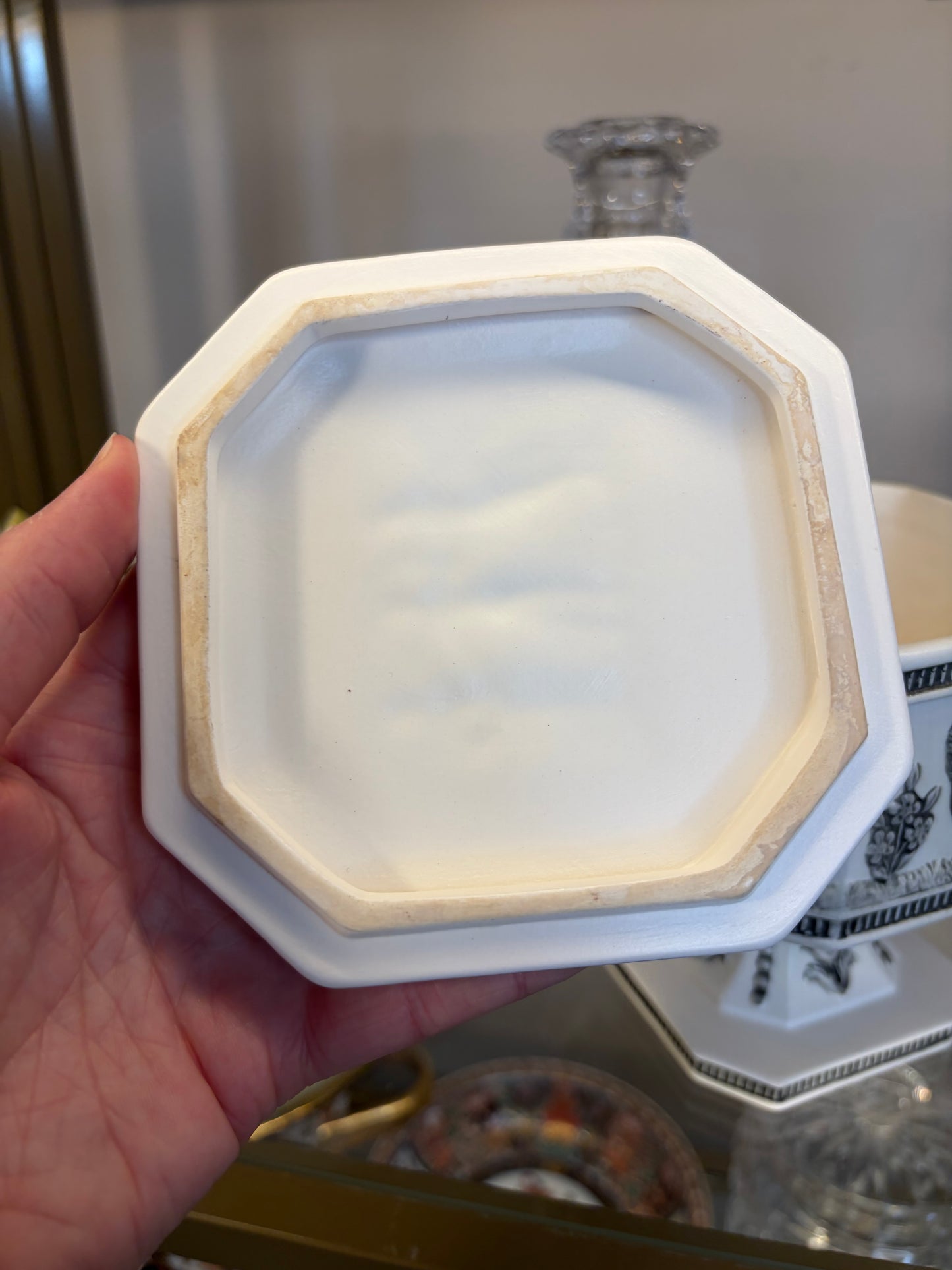 Lovely vintage porcelain bisque relief lidded pedestal dish with lions!