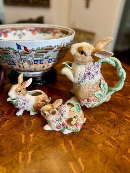 Adorable Fitz & Floyd “Botanical Bunny” Tea Service — Teapot, Lidded Sugar with Spoon & Creamer