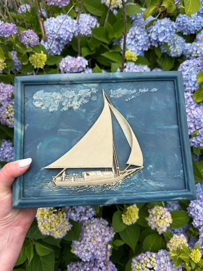 Vintage Signed Incolay Stone Jewelry Box with Ship