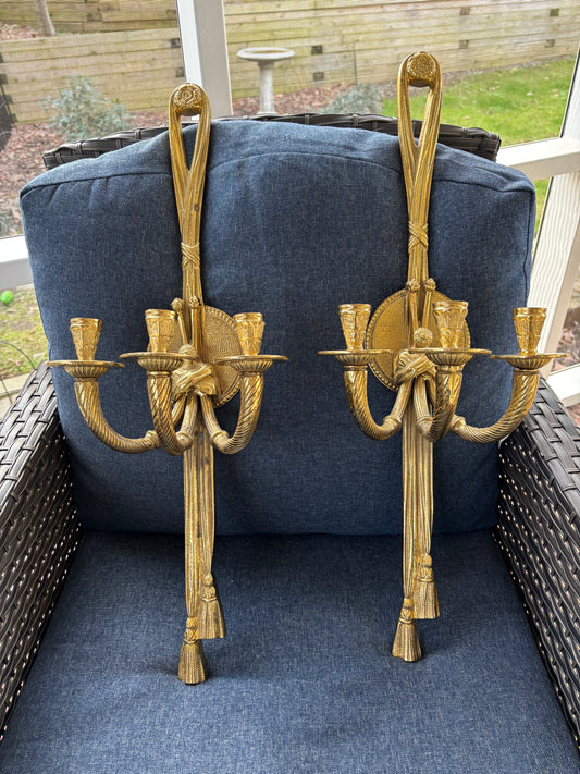 Gorgeous brass wall 25” candleholder sconces with floral and tassel details pair!