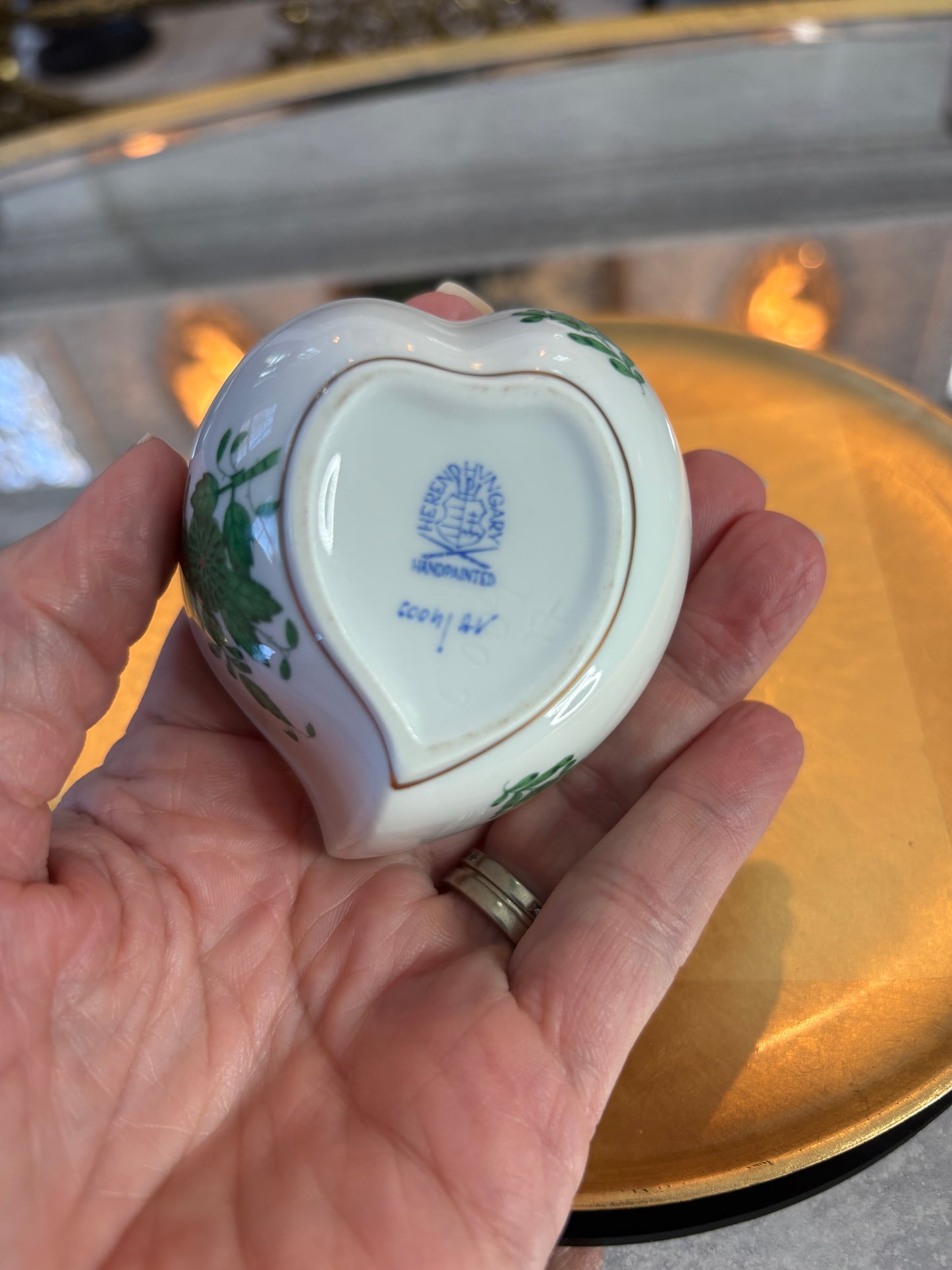 Reserved for LH Herend Green Apponyi Heart Shaped Box with Rose Finial