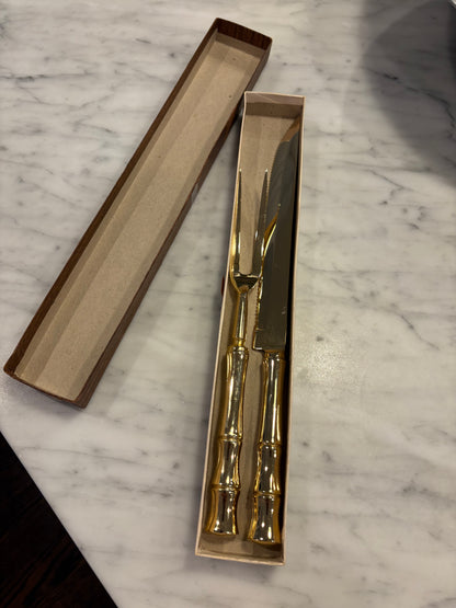 Vintage Gold Toned Carving Set with Bamboo Handles