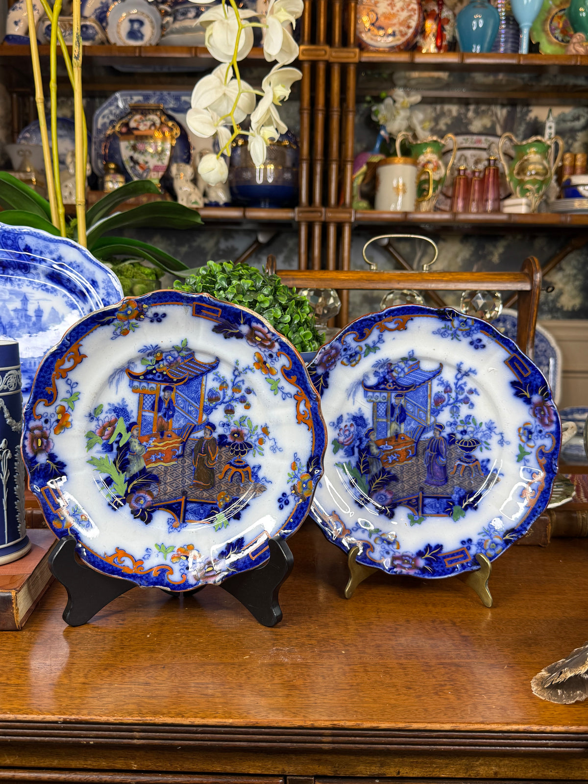 Pair of F. & R. Pratt & Co. Chinoiserie Plates | Cobalt Blue, Orange & Polychrome | Staffordshire, England | c.1840–1860 | 8.5” D Each | #DA4599