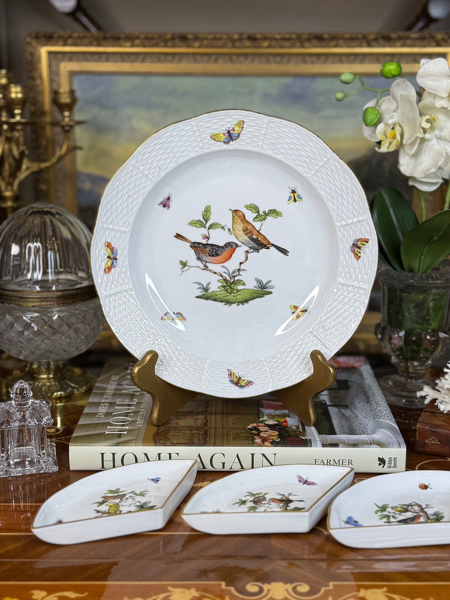 Herend Hungary Rothschild Hand-Painted Birds & Butterflies Divided Serving Platter with 3 Inserts | 10”