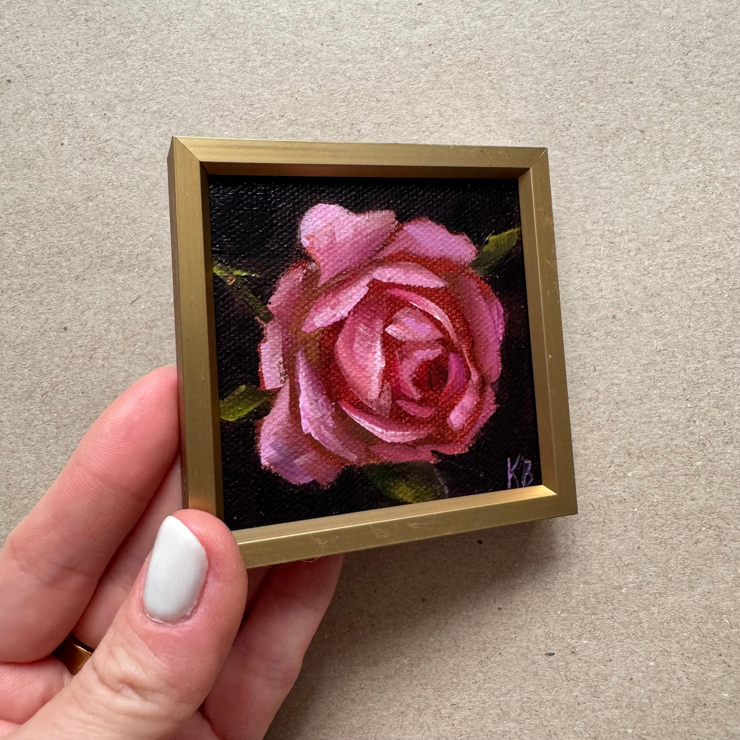 Mini art dark pink rose original oil paintings on stretched canvas 3x3”