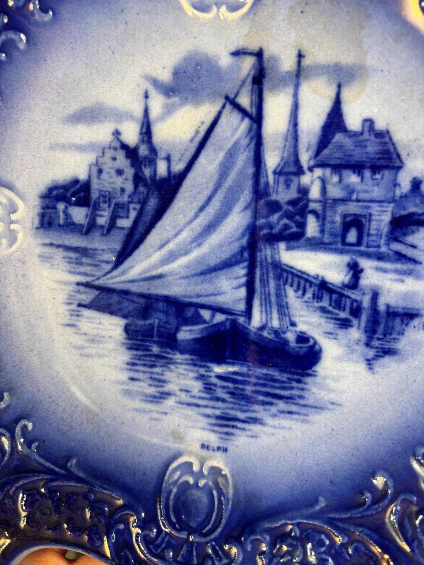 Gorgeous antique flow blue ship platter!
