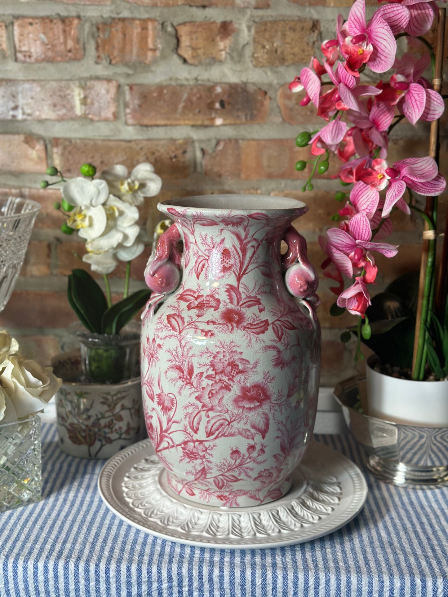STUNNING - Pink/White Prim Rose, 13" Tall Porcelain Vase W/ Handles