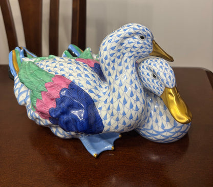 Stunning Herend Loving Ducks in blue and white fishnet with gold and vibrant colors!